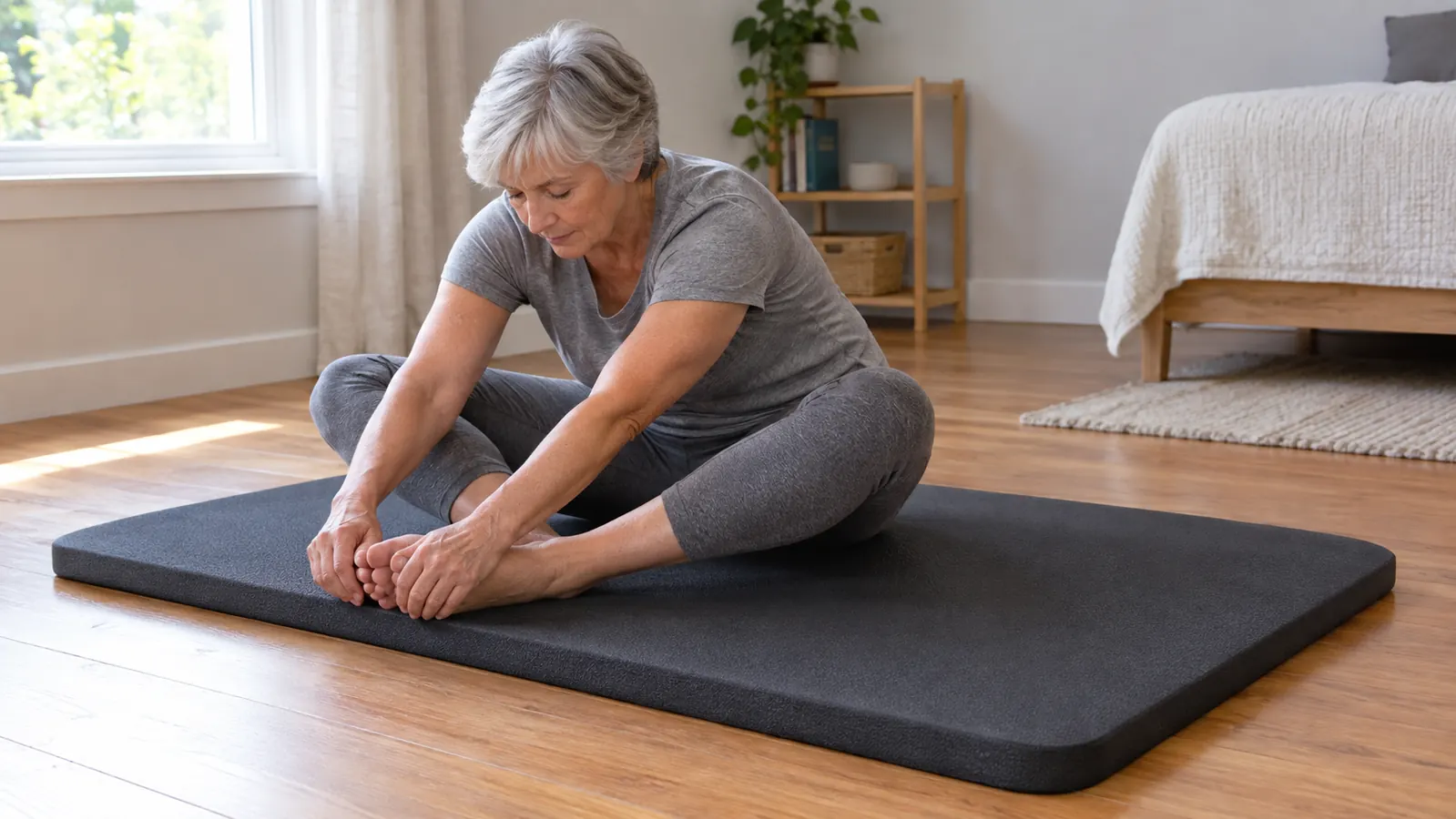 A person doing a seated stretch on a thick exercise mat in a home workout space