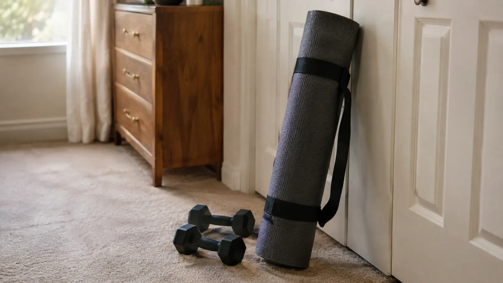 A thick exercise mat rolled up with a carrying strap beside a closet