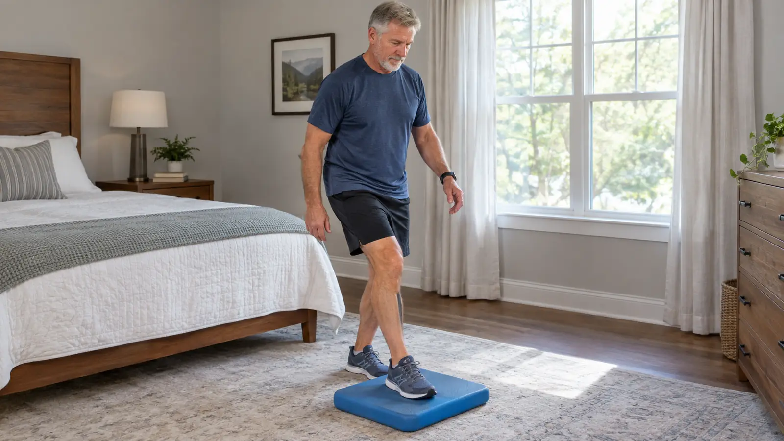 A close-up of a woman's feet stepping onto a foam balance pad