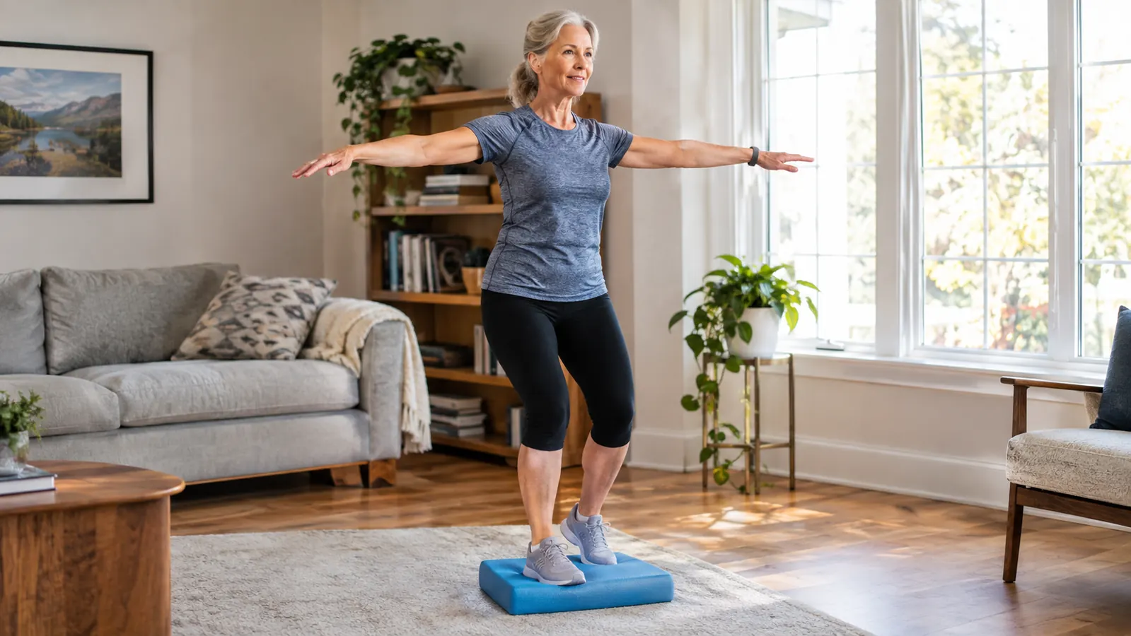 A woman in her sixties doing a balance exercise with her arms extended in a living room