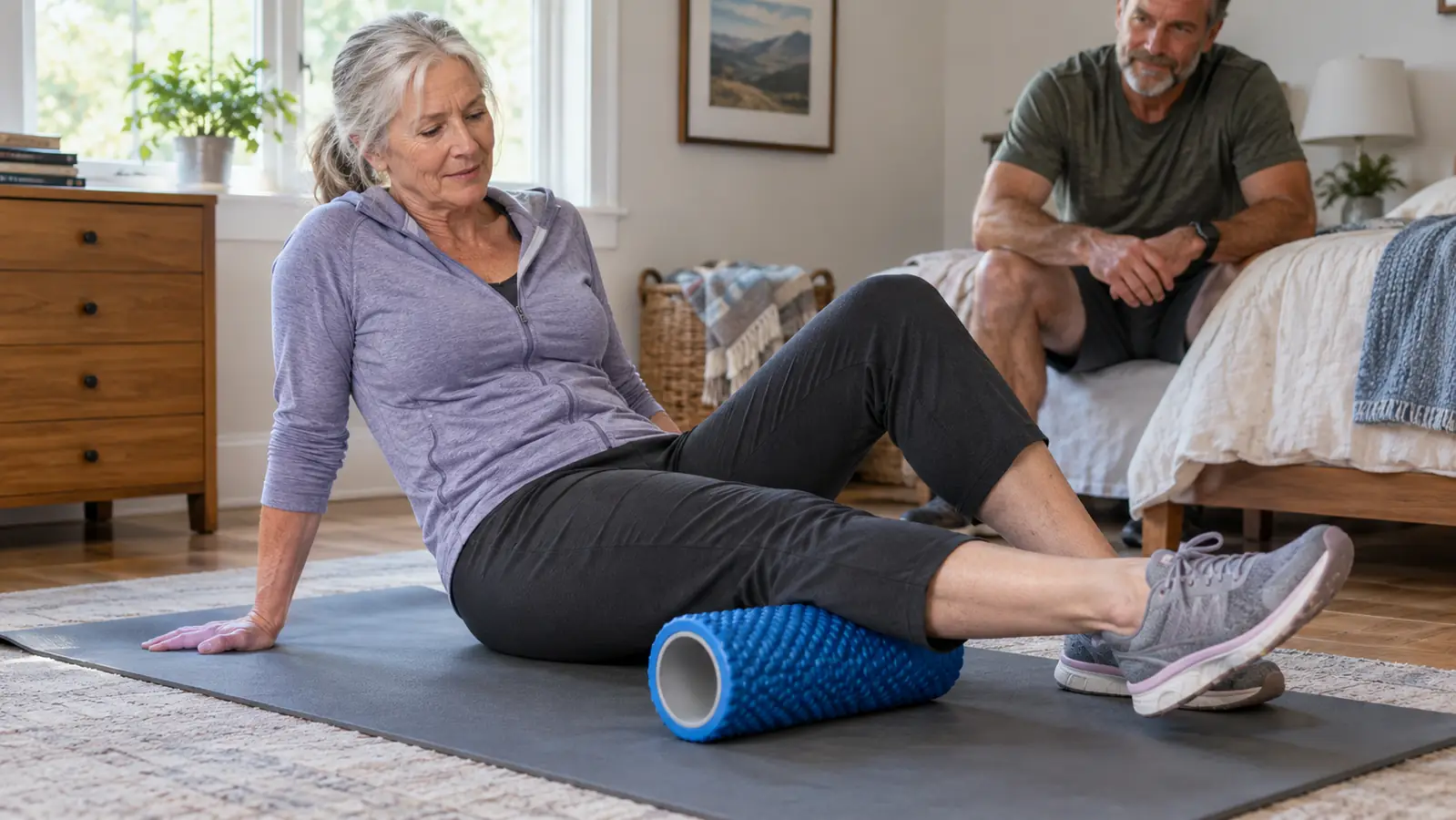 A woman in her sixties using a foam roller on her calves on a mat in a spare bedroom, wearing comfortable walking clothes