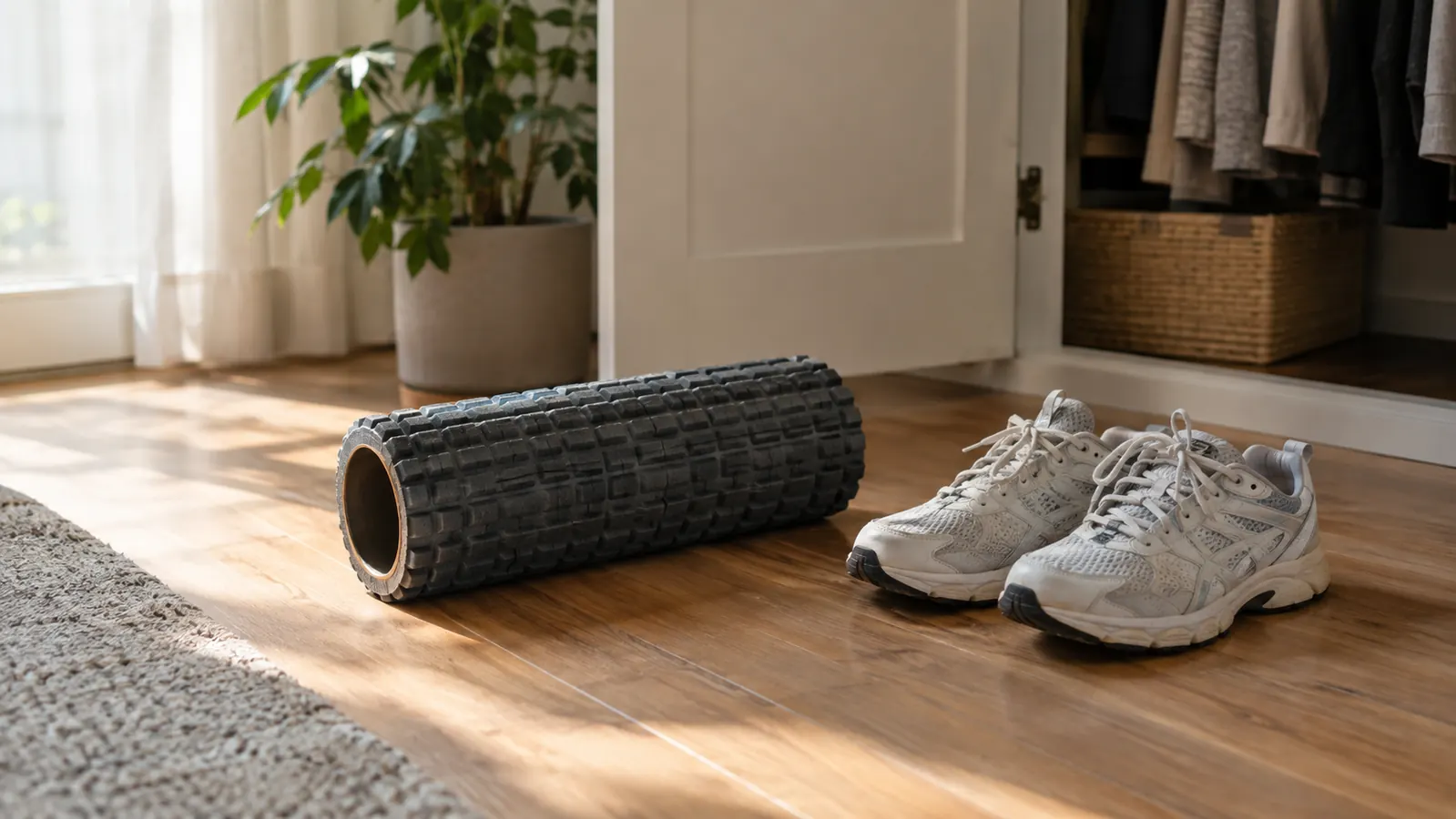 A foam roller and a pair of walking shoes on a hardwood floor beside a closet, ready for a morning walk