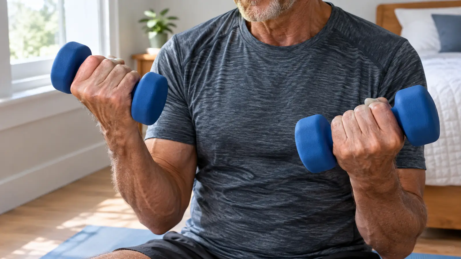 Close-up of a hand gripping a neoprene dumbbell on a mat