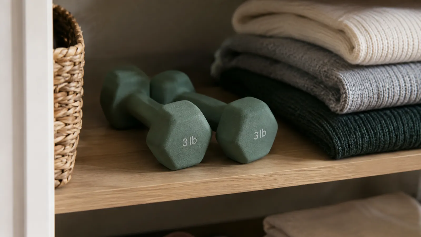 A pair of neoprene dumbbells stored on a shelf in a closet