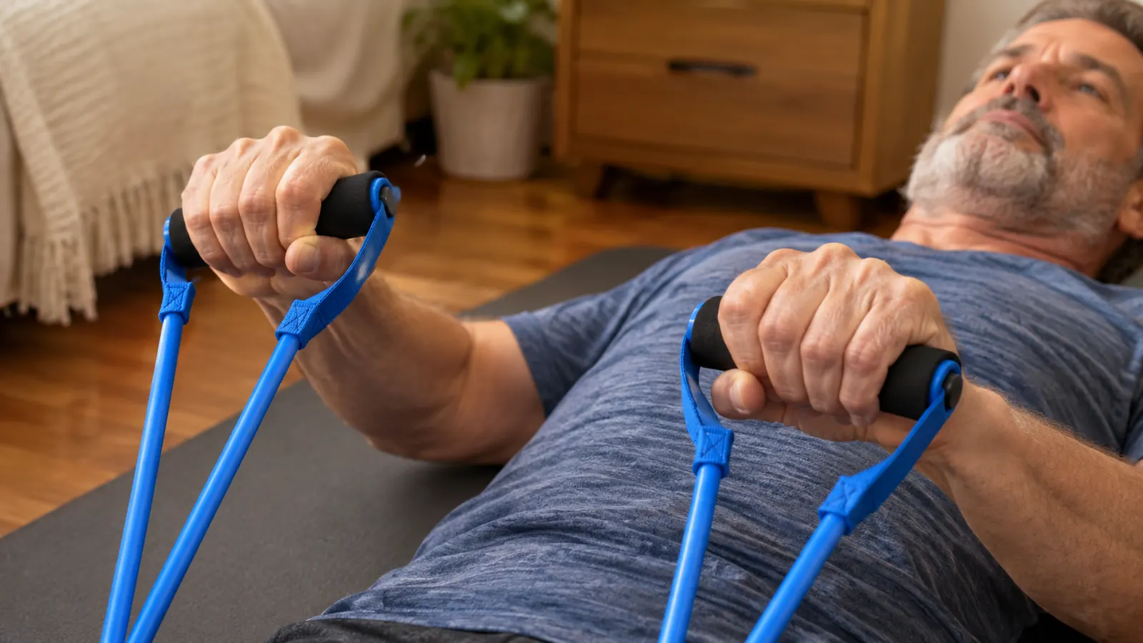A woman's hands holding the handles of a resistance band set, the bands coiled on a mat