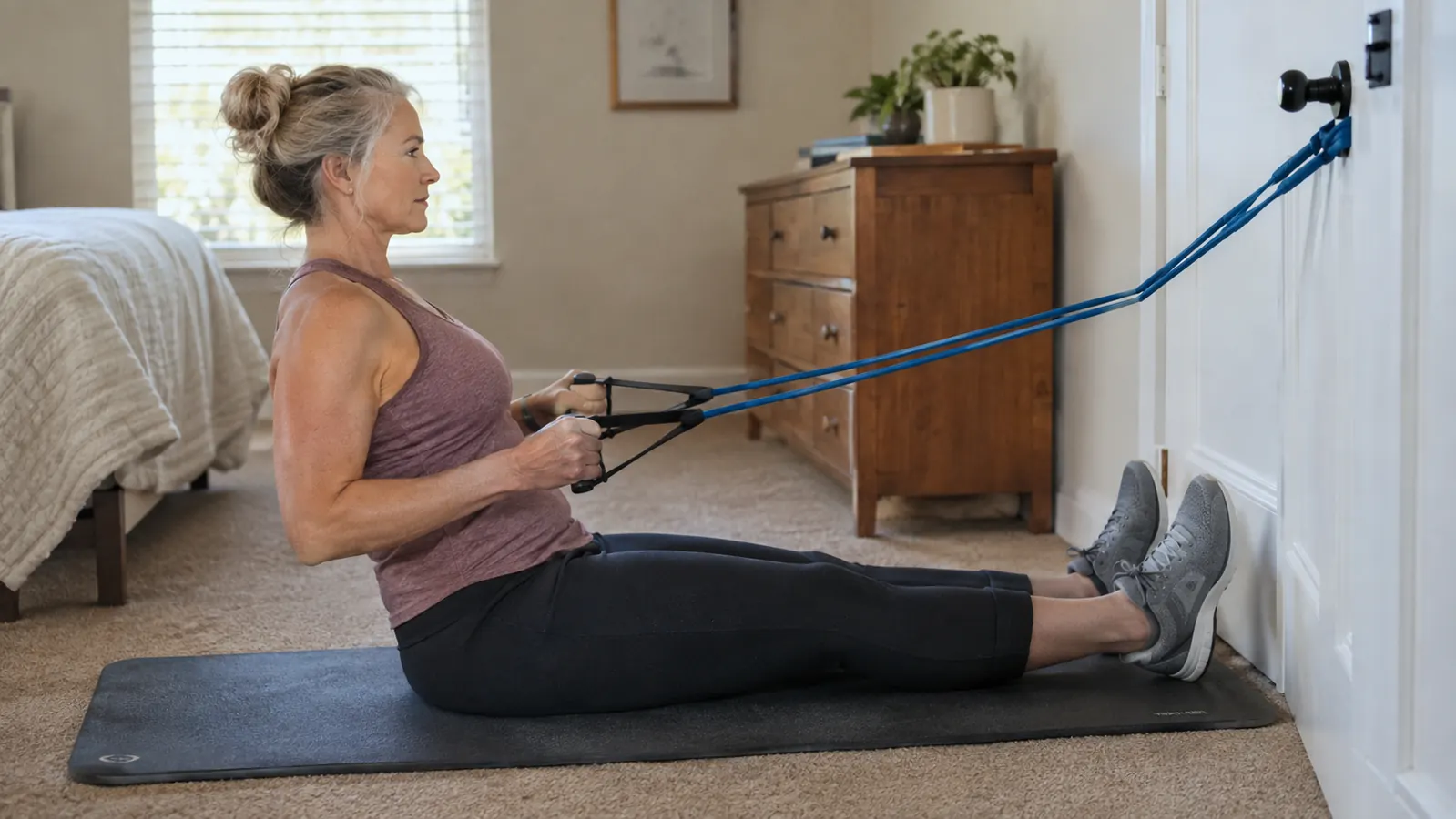 A woman doing a seated row with a resistance band attached to a door anchor