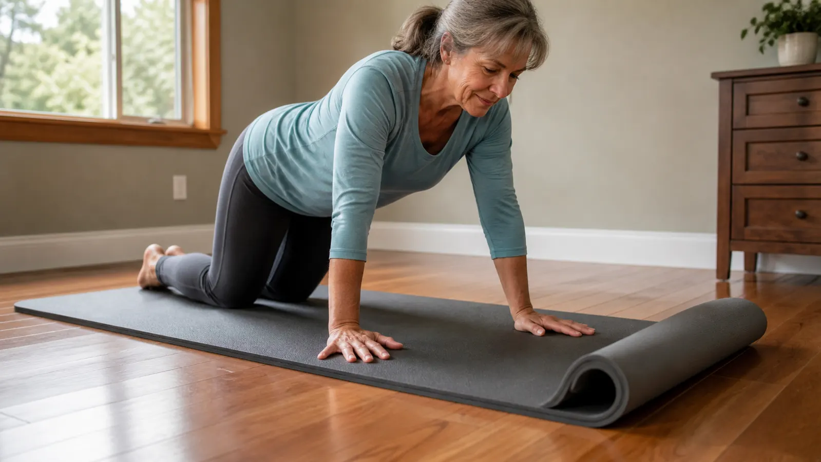 A woman kneeling on a thick exercise mat during floor exercises