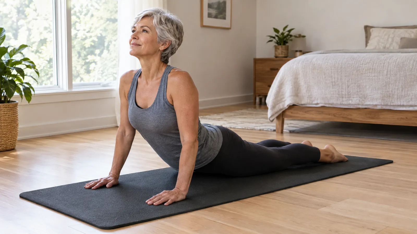 A thick exercise mat rolled out on a hardwood floor in a home workout room with a small dumbbell and a folded towel beside it