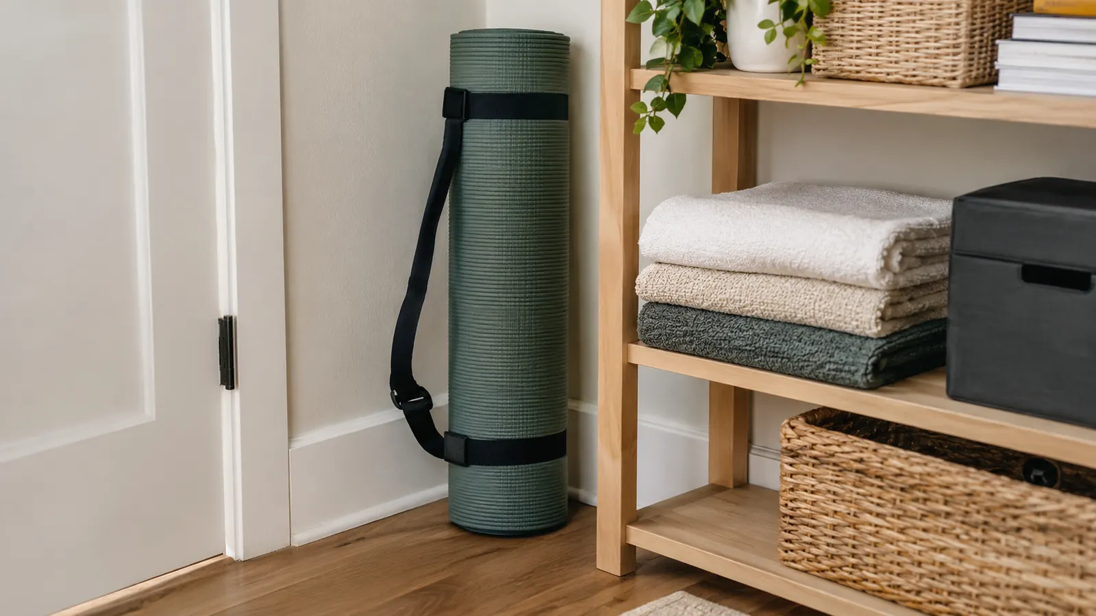 A rolled exercise mat with a carrying strap standing upright in a closet corner