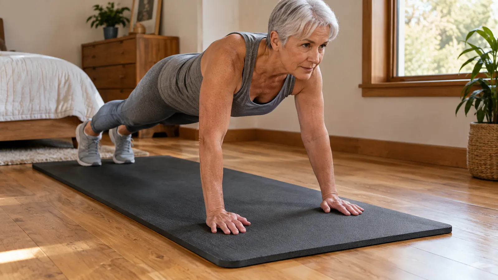 Close-up of a hand pressing into a thick exercise mat to show its cushioning.
