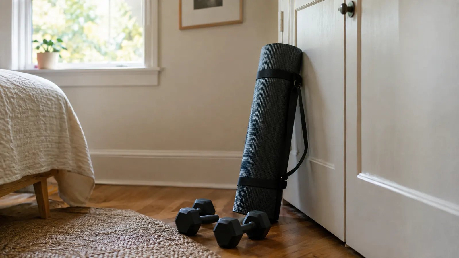 A rolled exercise mat with a carrying strap leaning against a closet door in a spare bedroom.