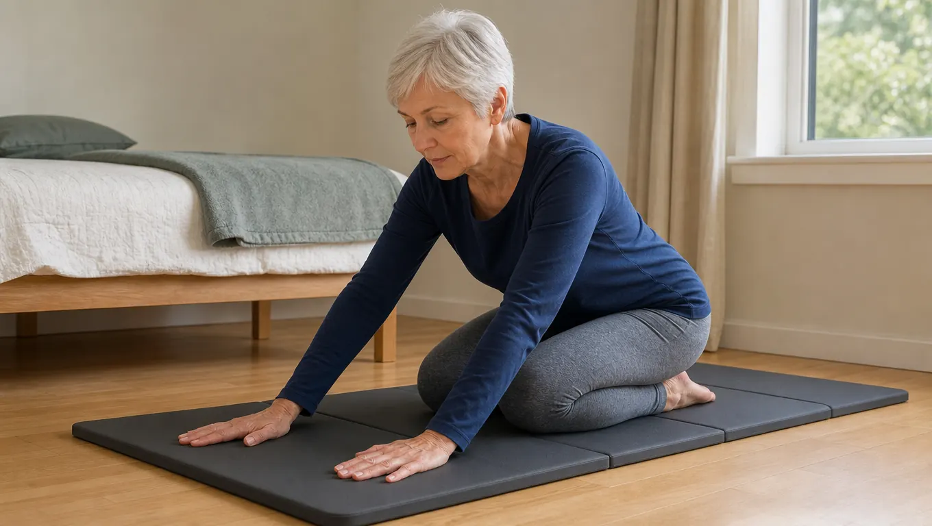 A woman in her sixties kneeling on a thick exercise mat on a hardwood floor