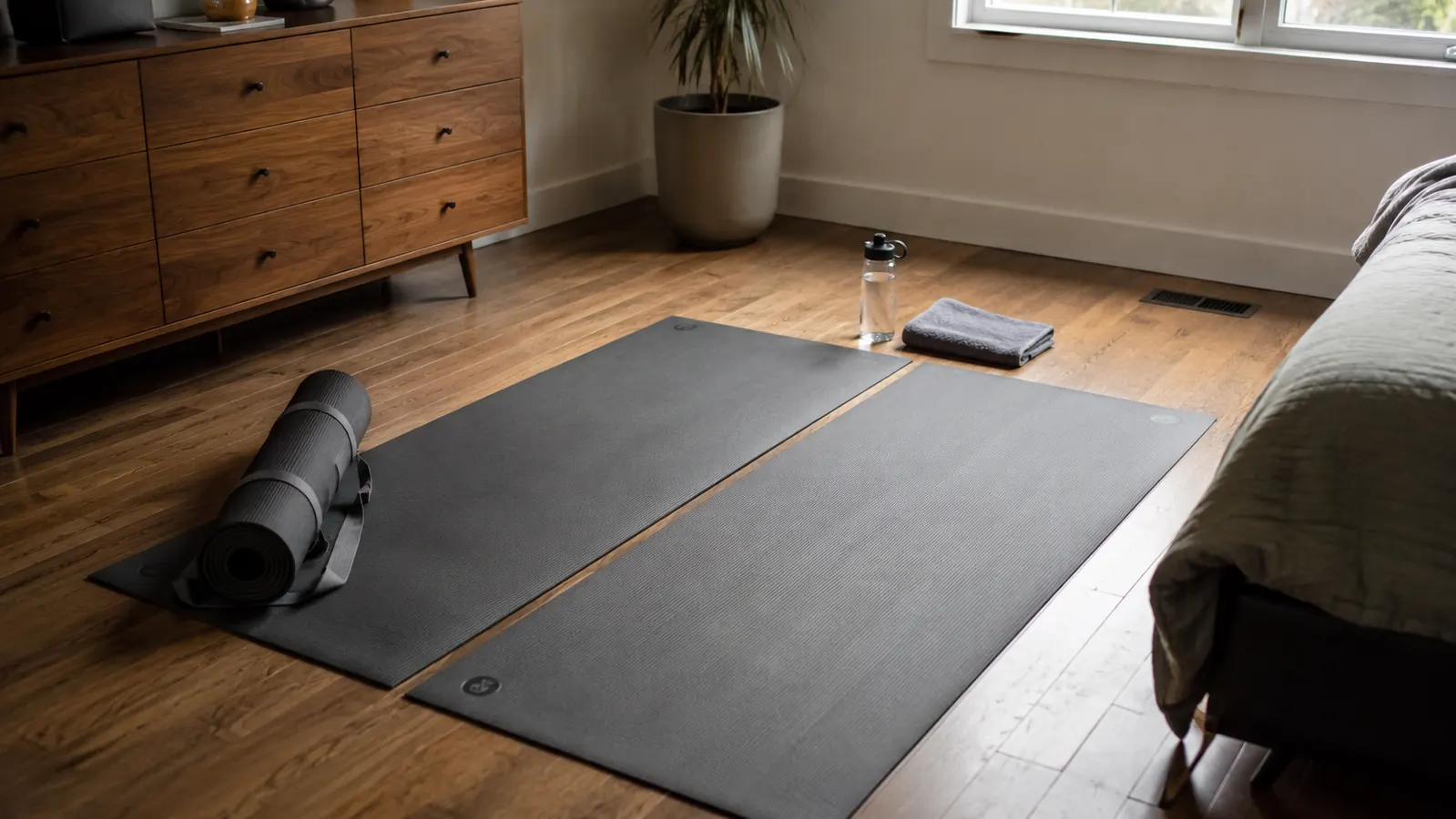 Two exercise mats laid side by side on a hardwood floor in a spare bedroom