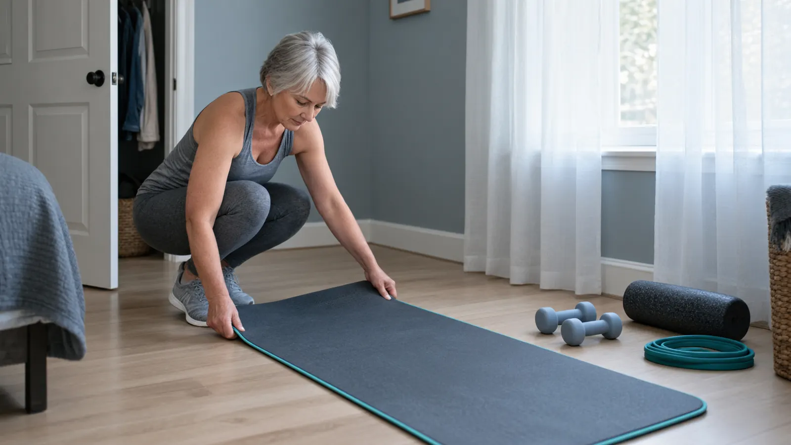 A woman in her sixties setting up a mat and a light pair of dumbbells on the hardwood floor of a small spare bedroom