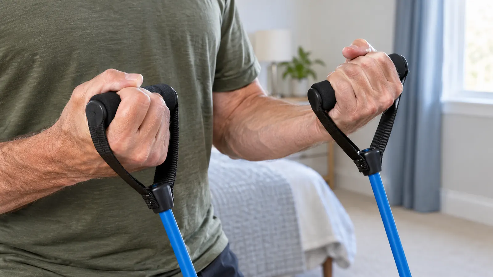 A hand gripping the padded handle of a resistance band mid-stretch