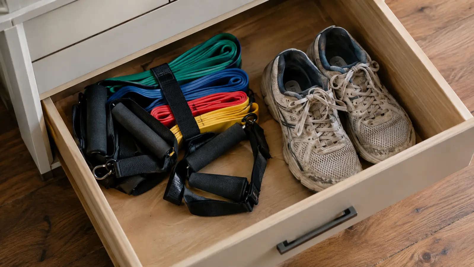 A set of resistance bands with handles rolled up and stored in a drawer next to a pair of sneakers