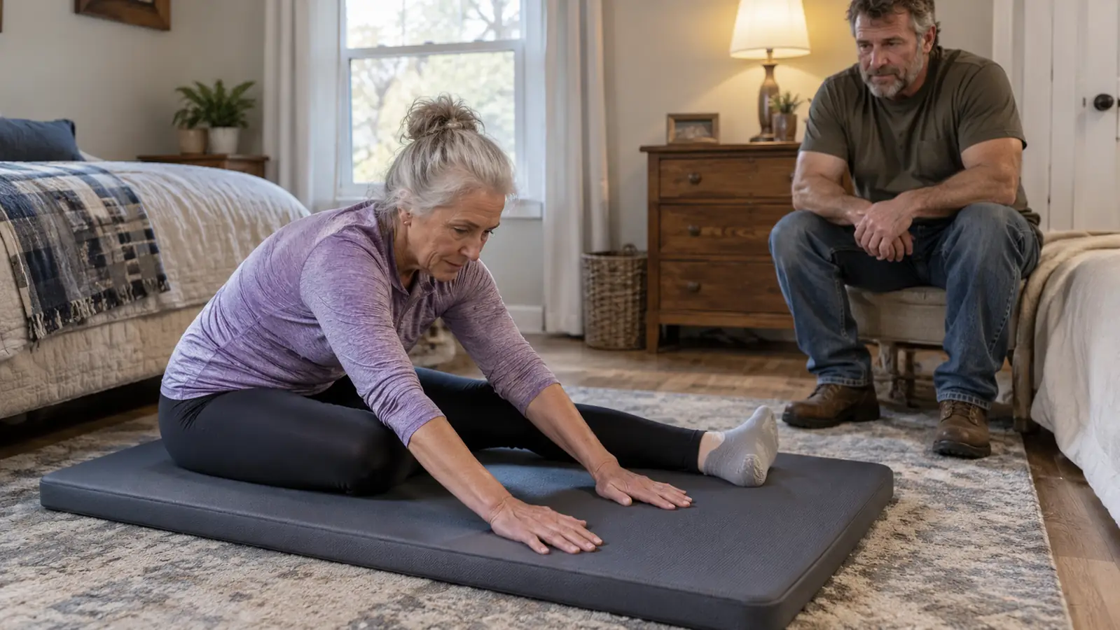 A woman stretching on a thick mat