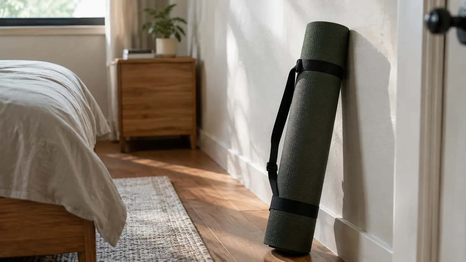 A rolled exercise mat with a carrying strap against a wall