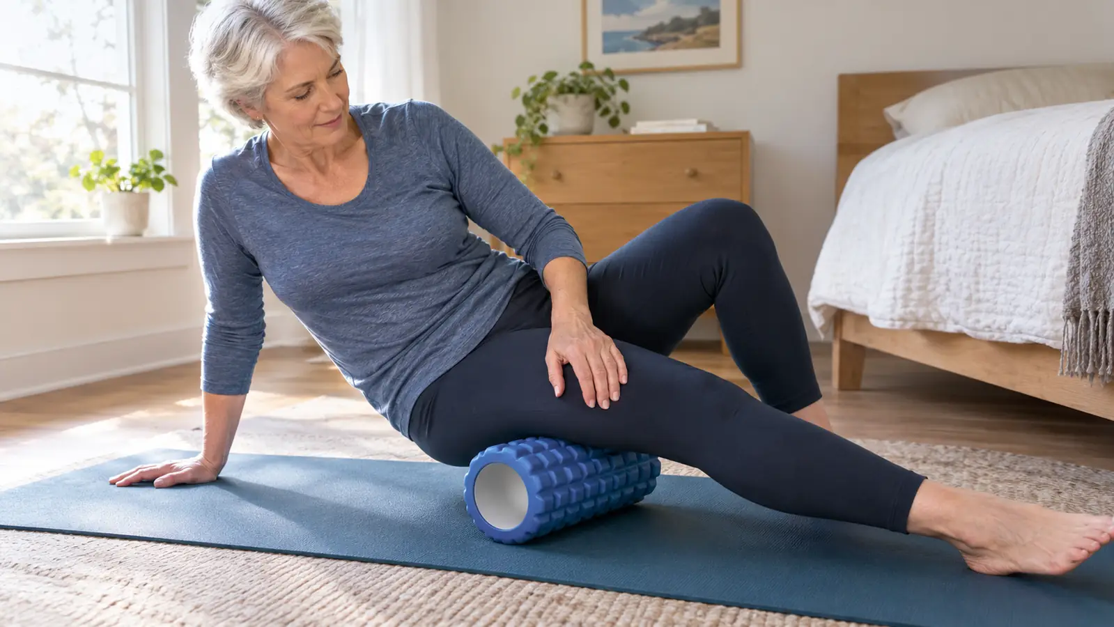 A woman guiding a foam roller under her thigh on a mat on a hardwood floor