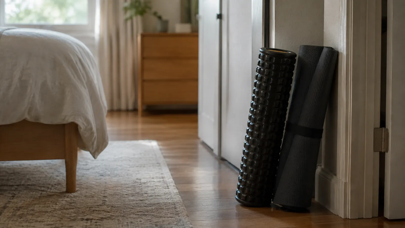 A foam roller propped against a closet door frame next to a folded exercise mat