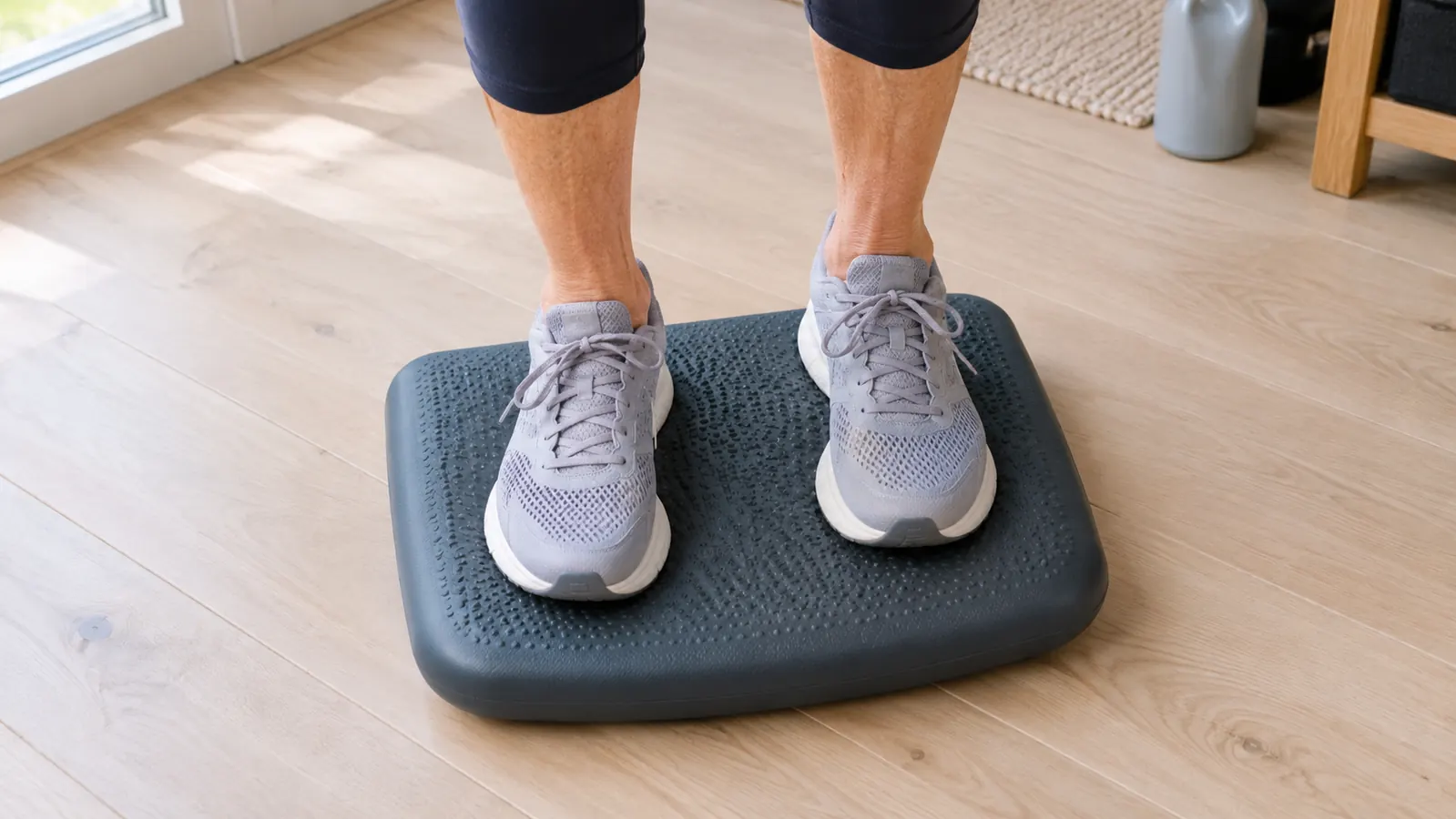 Close-up of a balance pad under a woman's bare feet on a hardwood floor