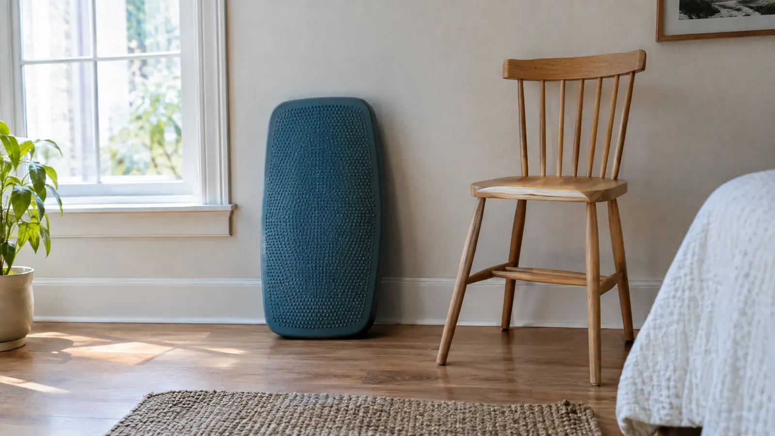 A balance pad leaning against a wall in a tidy spare bedroom, with a chair nearby