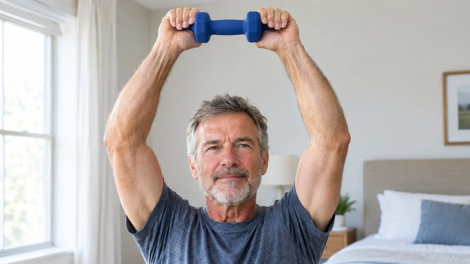 A hand gripping a small neoprene dumbbell during a seated overhead press
