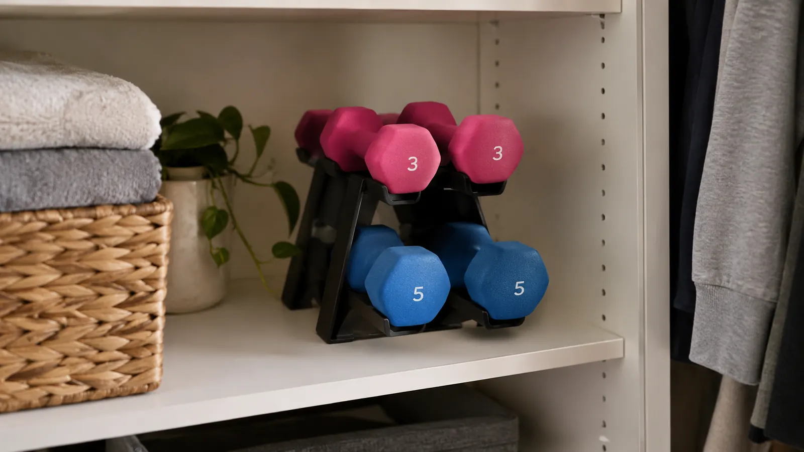 A pair of small neoprene dumbbells stored on a rack in a closet