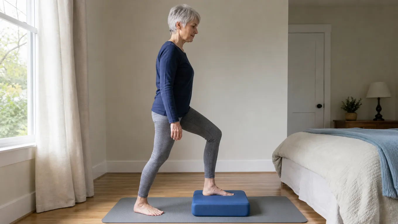 A woman in her sixties stepping one bare foot onto a foam balance pad placed on a mat in a spare bedroom