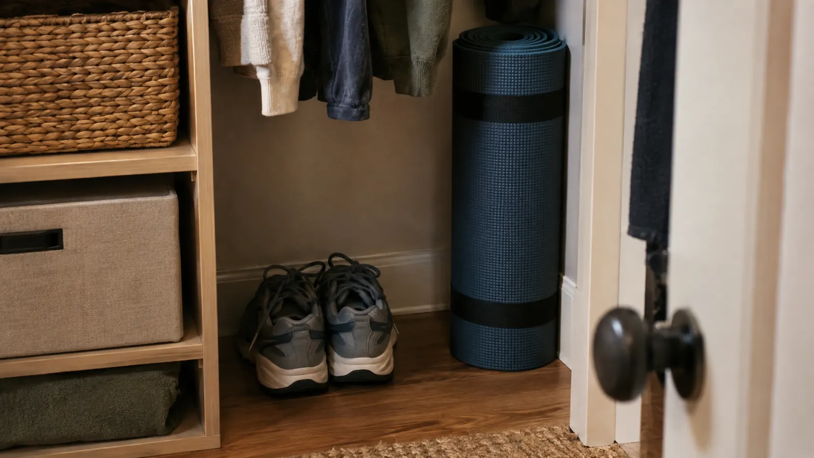 A foam balance pad rolled up and tucked into a closet beside a pair of walking shoes