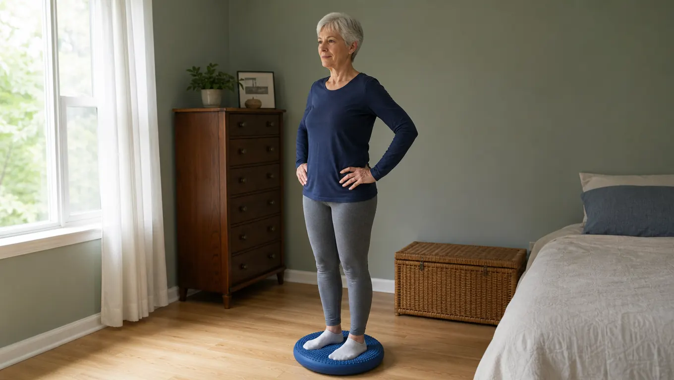A balance pad on a hardwood floor with a woman standing on it in socks, hands on her hips