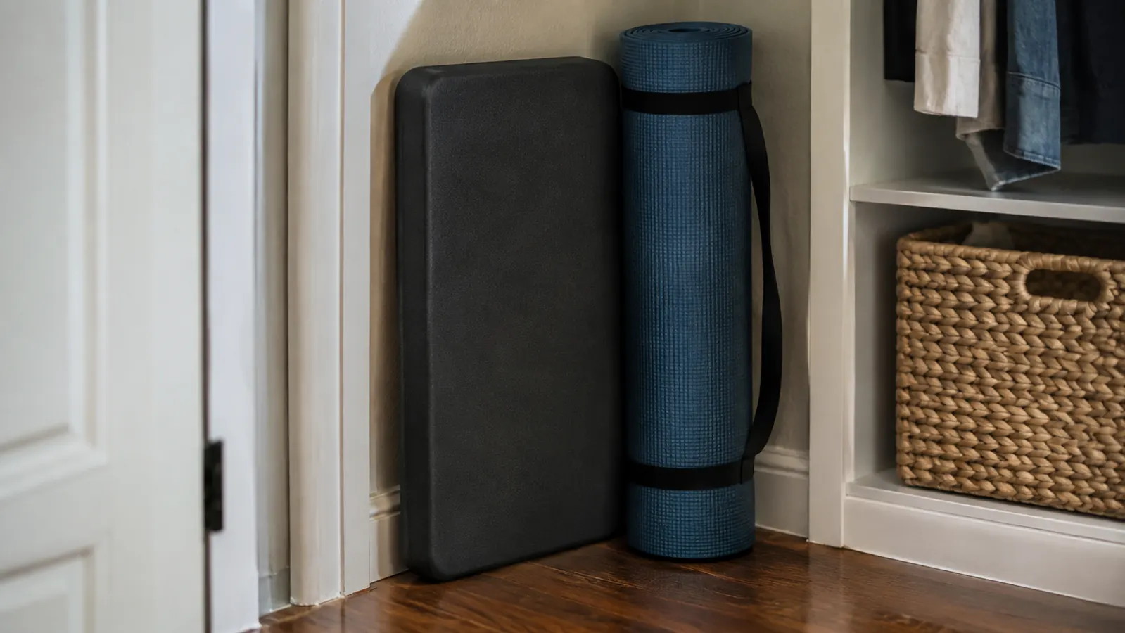 A foam balance pad leaning flat against a wall in a closet next to a rolled yoga mat