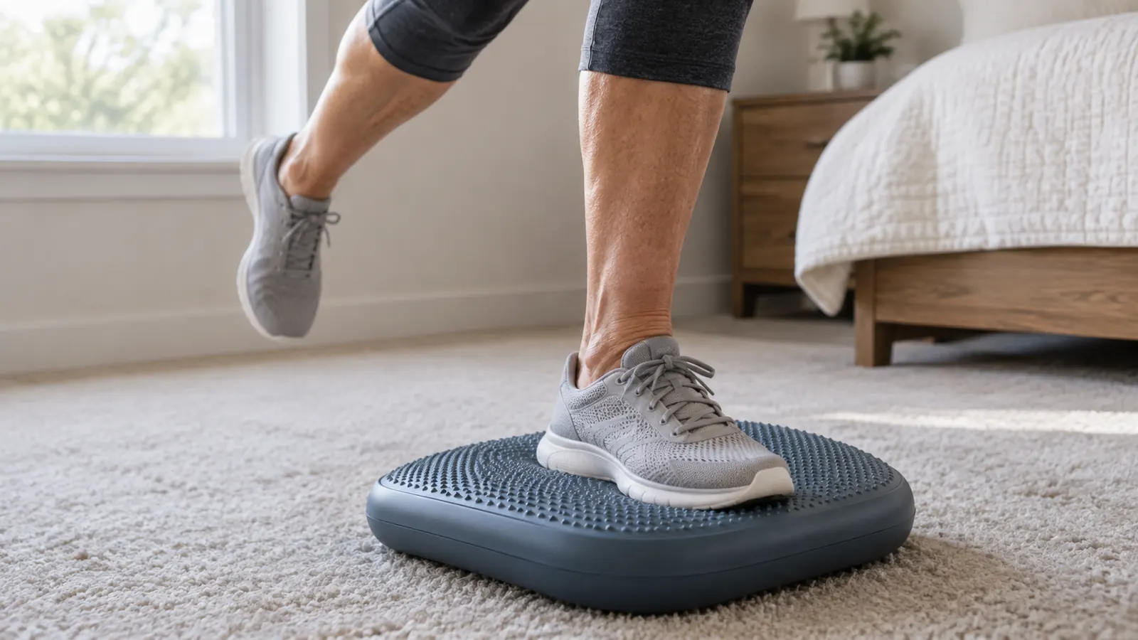 A close view of a foot on a balance pad with one hand resting on a chair for balance