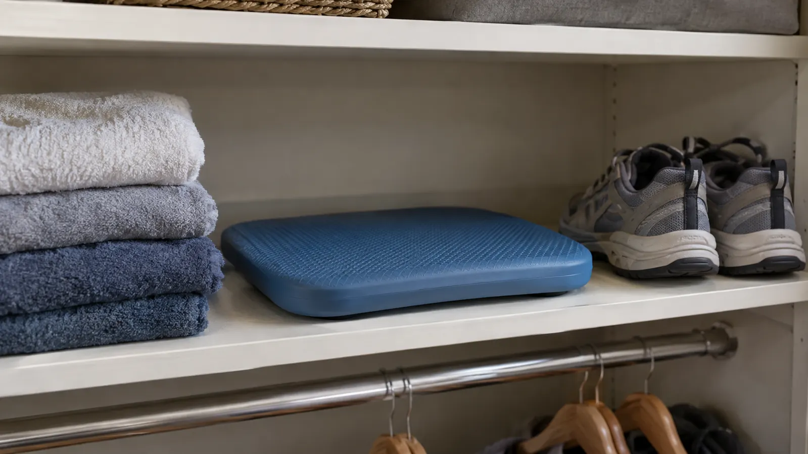 A balance pad stored flat on a closet shelf next to folded towels
