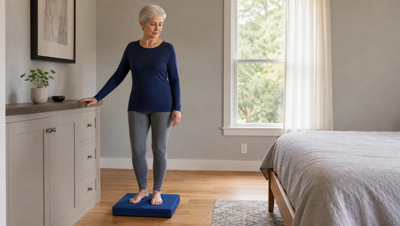 A woman in her sixties standing on a foam balance pad with one hand resting on a counter