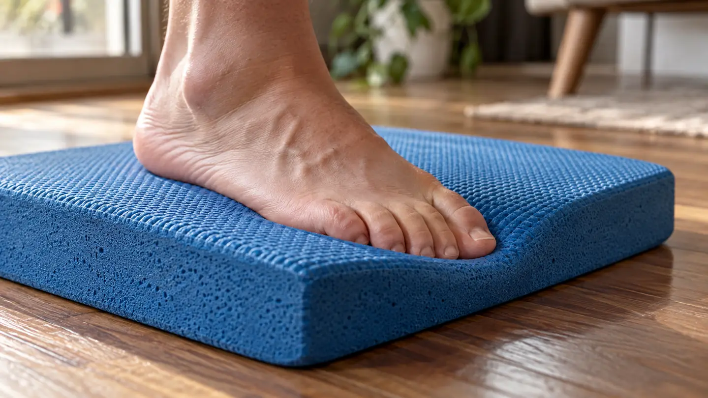 A close view of a foam balance pad showing the compression under a bare foot