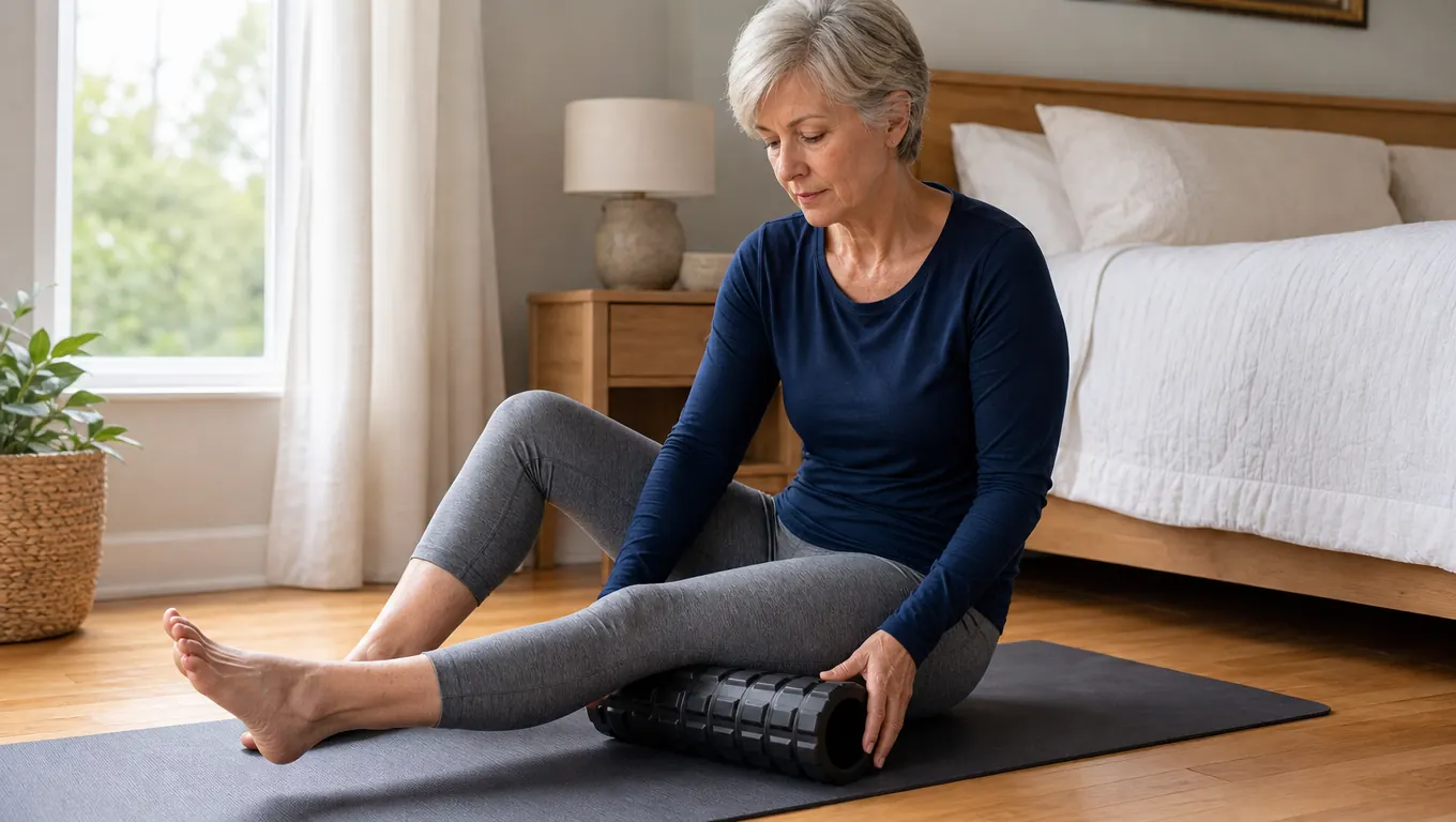A woman sitting on a mat rolling out her calf on a foam roller in a spare bedroom