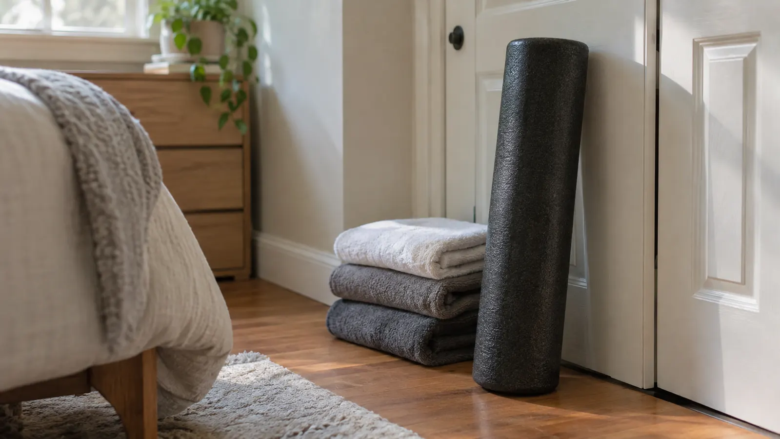 A foam roller stored upright against a closet door in a tidy spare bedroom