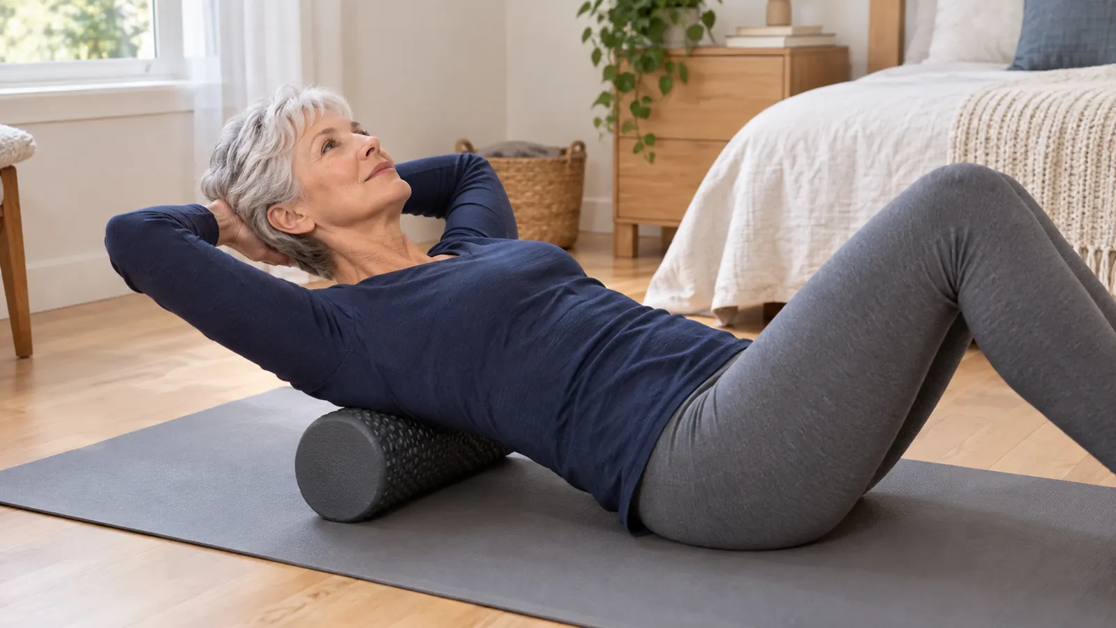 A woman in her sixties lying on a mat using a foam roller under her upper back, hands gently supporting her head