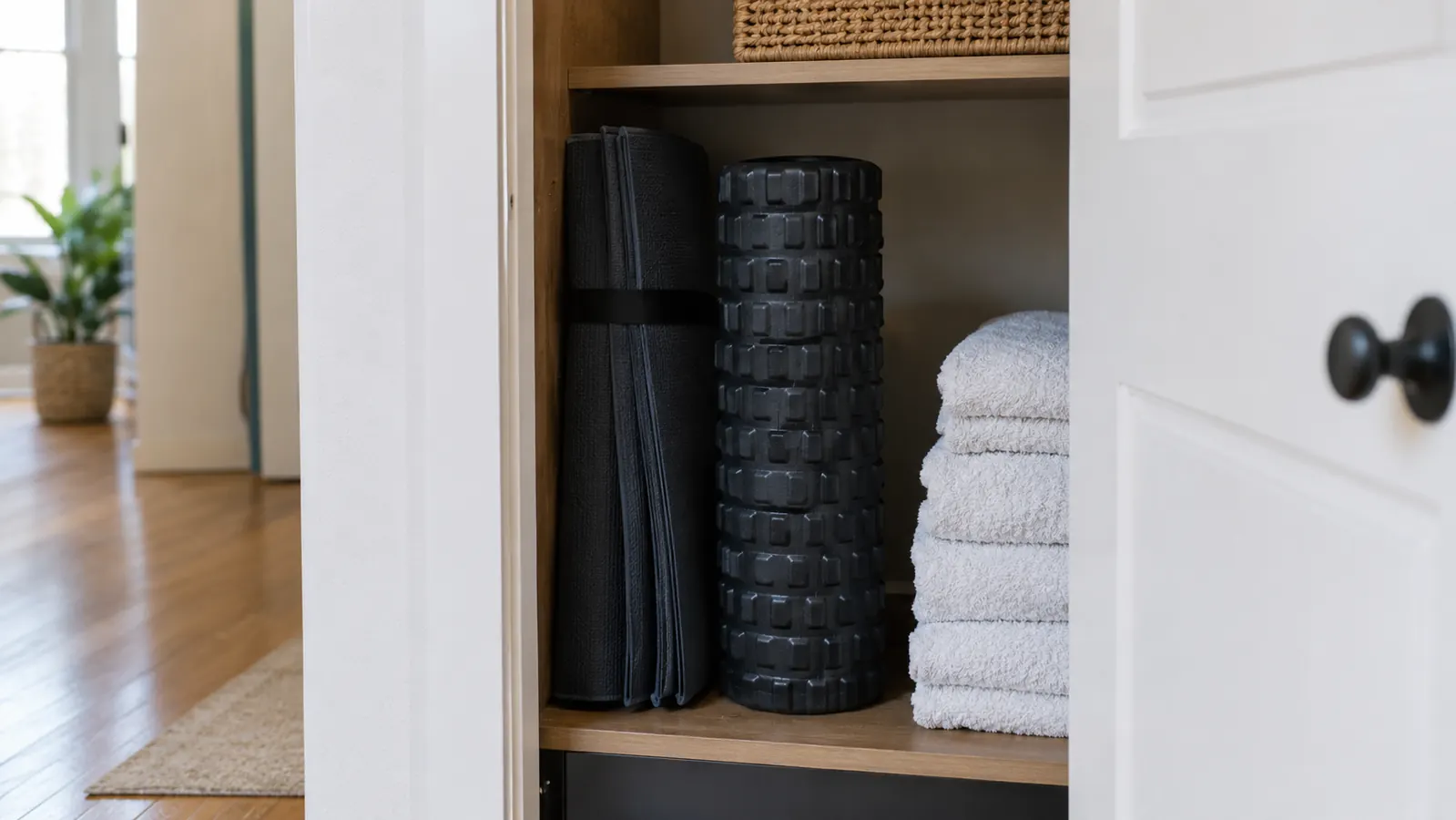 A foam roller standing upright in a tidy hall closet beside a folded exercise mat