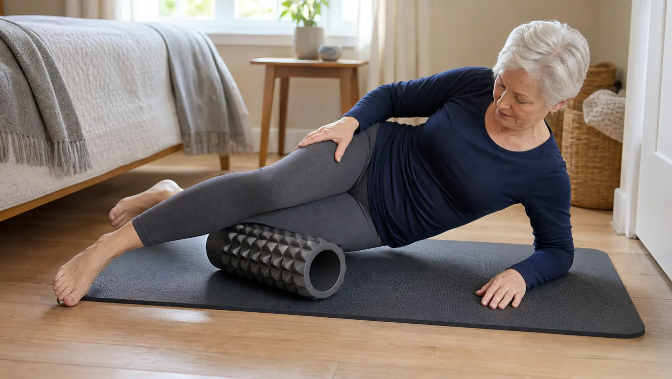 A woman in her sixties rolling her calf on a foam roller on a mat