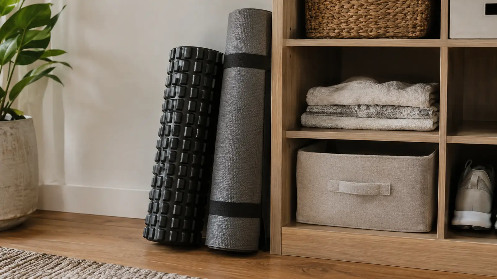 A foam roller standing upright in a closet next to a rolled yoga mat
