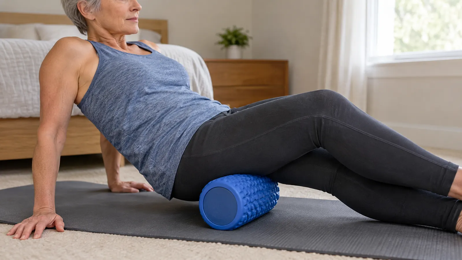 Foam roller under a woman's thighs while she leans back on a mat in a spare bedroom