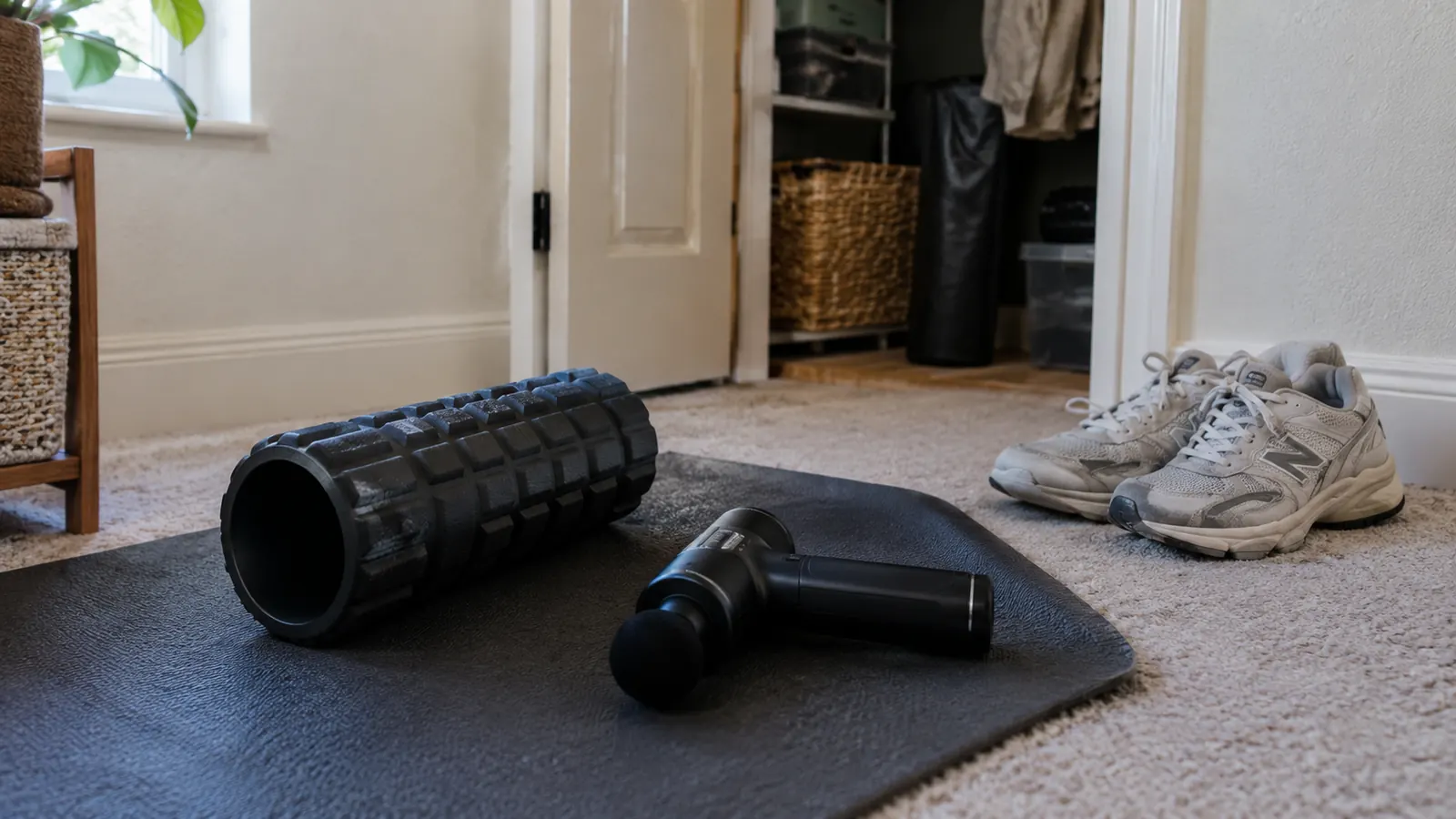 Foam roller and a massage gun side by side on a mat beside a pair of walking shoes