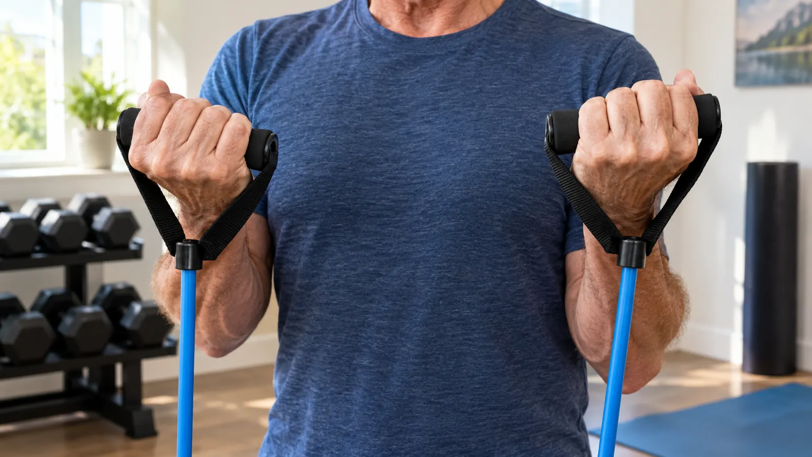 Close-up of hands gripping the handles of the resistance bands during a bicep curl