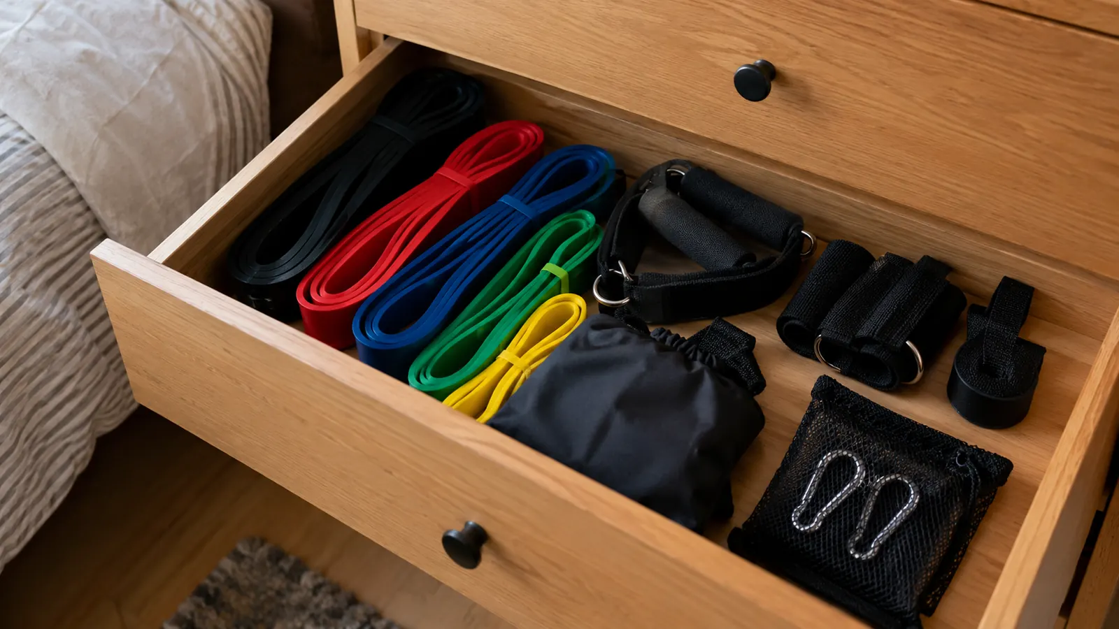 The resistance bands stored in a drawer in a bedroom