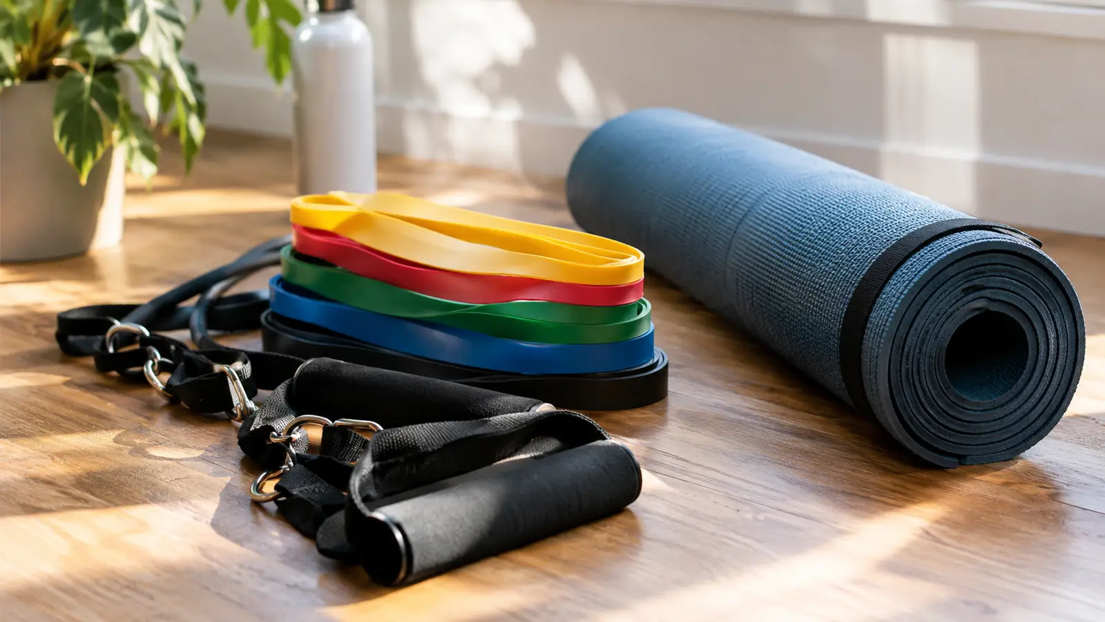 Resistance bands and handles stored in a neat stack on a wooden floor beside a folded mat