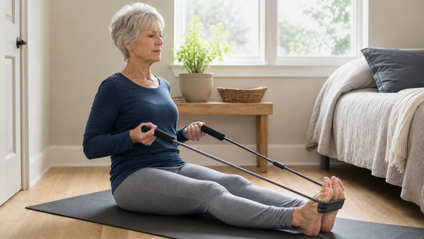 A woman in her sixties seated on a mat doing a seated row with a resistance band, gripping the padded handles with both hands, in a small spare bedroom.