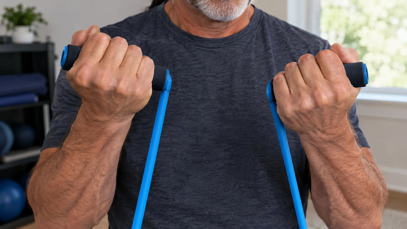 A hand gripping a foam handle of a resistance band while the band is anchored under a foot on a mat