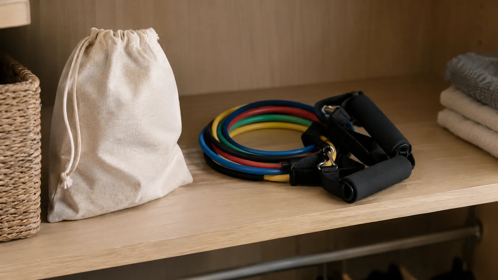 A folded resistance band set with handles and a small cloth bag on a shelf in a closet